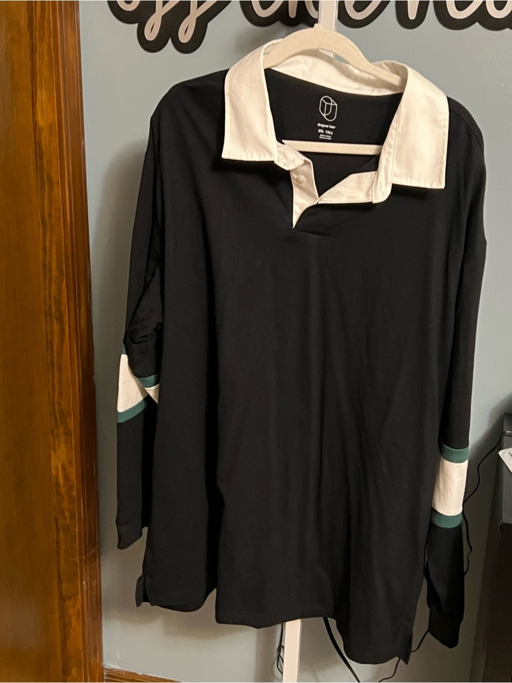 Original Use Black Rugby-Style Long Sleeve Polo with White Collar NWT